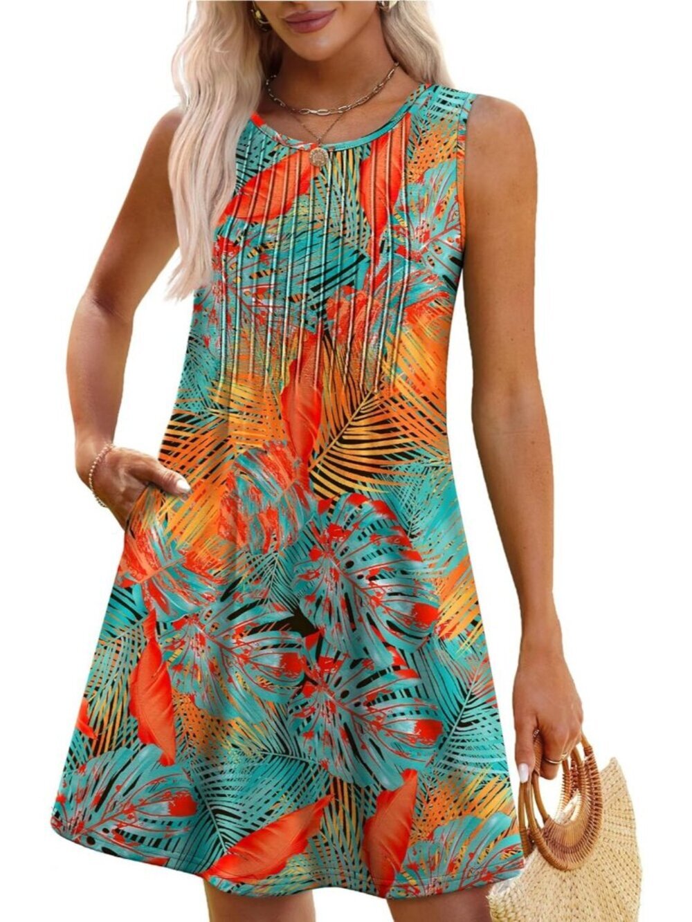 Women's Floral Orange Beach Vacation Casual Crew Neck Sleeveless Sun Mini Dress - Picture 2 of 5